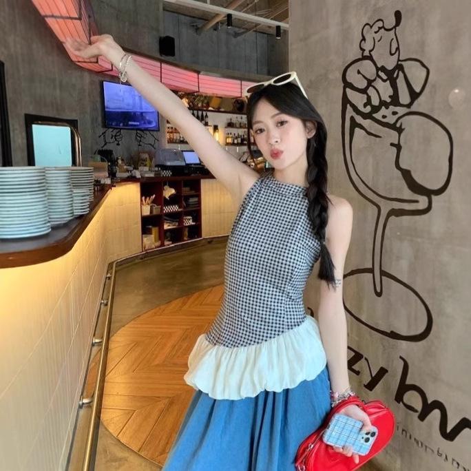 

Women s Summer Slim Fit Plaid Patchwork Halter Top S
