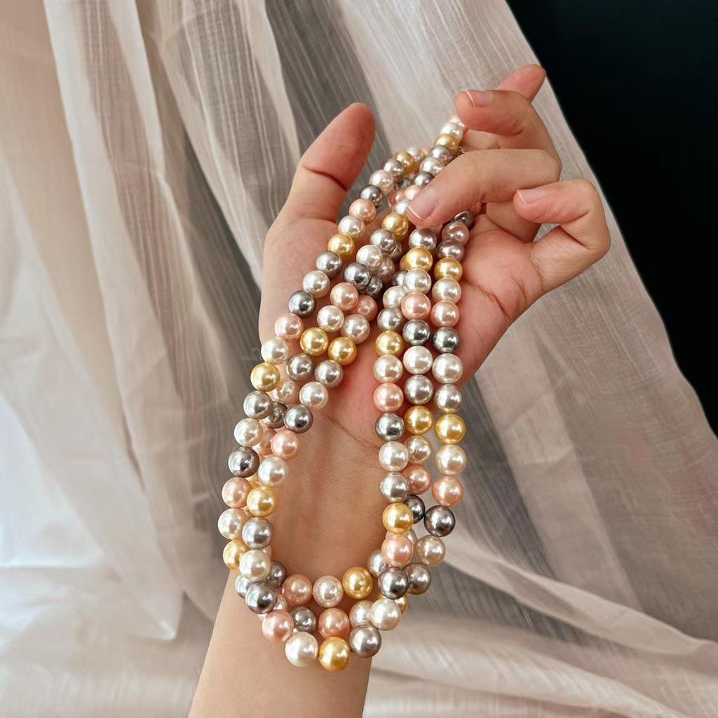 Vintage Mixed Color Natural Deep Sea Shell Pearl Necklace Round Candy Color High-End Niche
