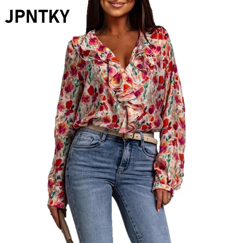 JPNTKY Női Divat Alkalmi V-nyakú Hosszú ujjú Blúzok & Ingak