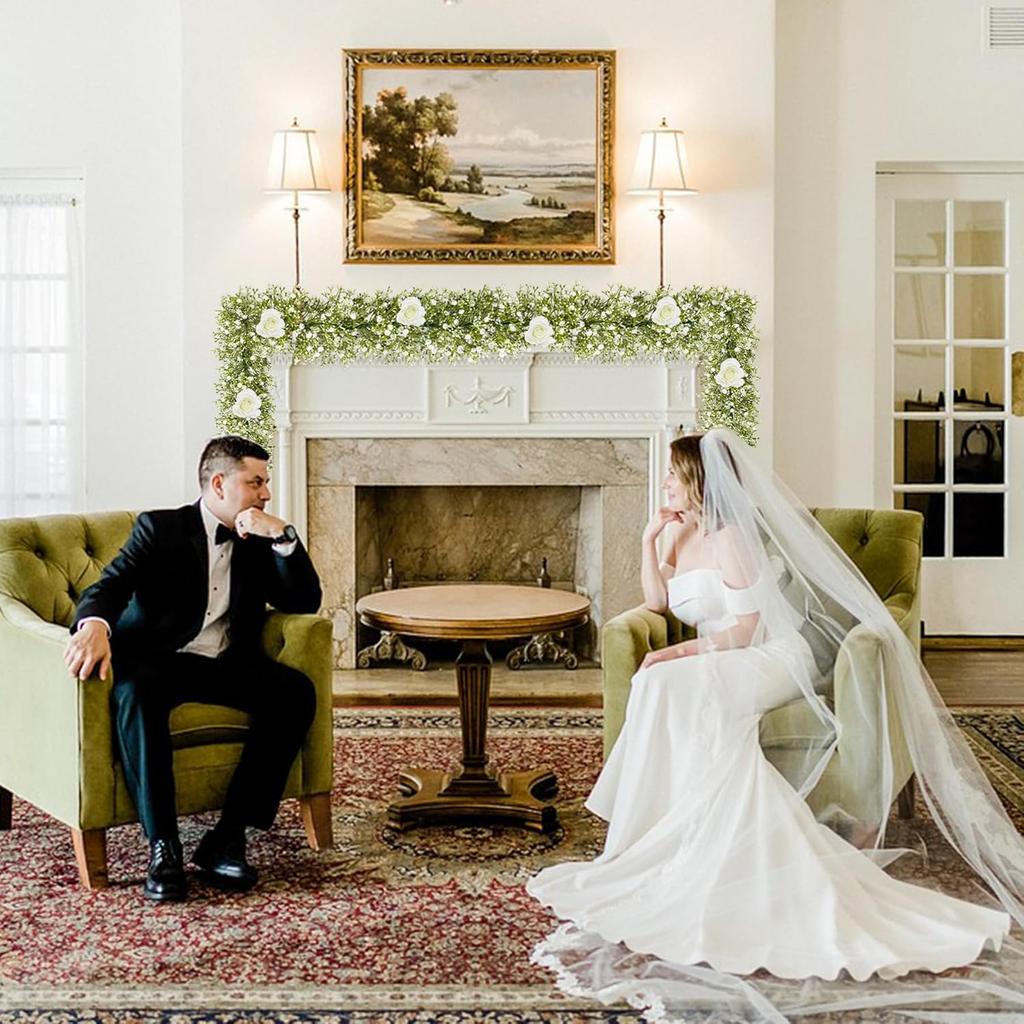 2 Pcs 5.8ft Artificial Baby Breath Flower Vines, Babys Breath Artificial Flowers Real Touch Faux Gypsophila Hanging Fake Baby's Breath Garlands for