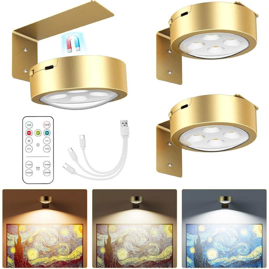 Brightown 2-Pack Picture Lights for Wall, Magnetic Art Display Picture Lights with Remote, 3 Lighting Modes Battery Operated Picture Light, Dimmable