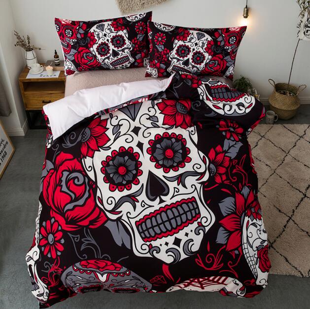 3D skull bed linen set cartoon watercolor rose flower skull quilt cover cushion cover queen size white bed cover set