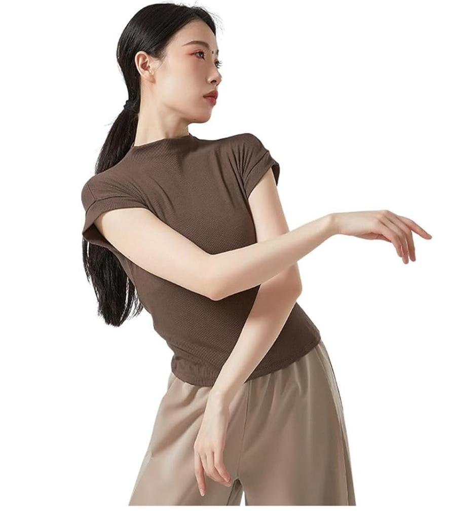 Yuoku Short Sleeve Ballet Blouse with High Stretch Top for Practice and Classical Ballroom Dance Costume High Women's Neck, Lessons, Dance, (Size L,