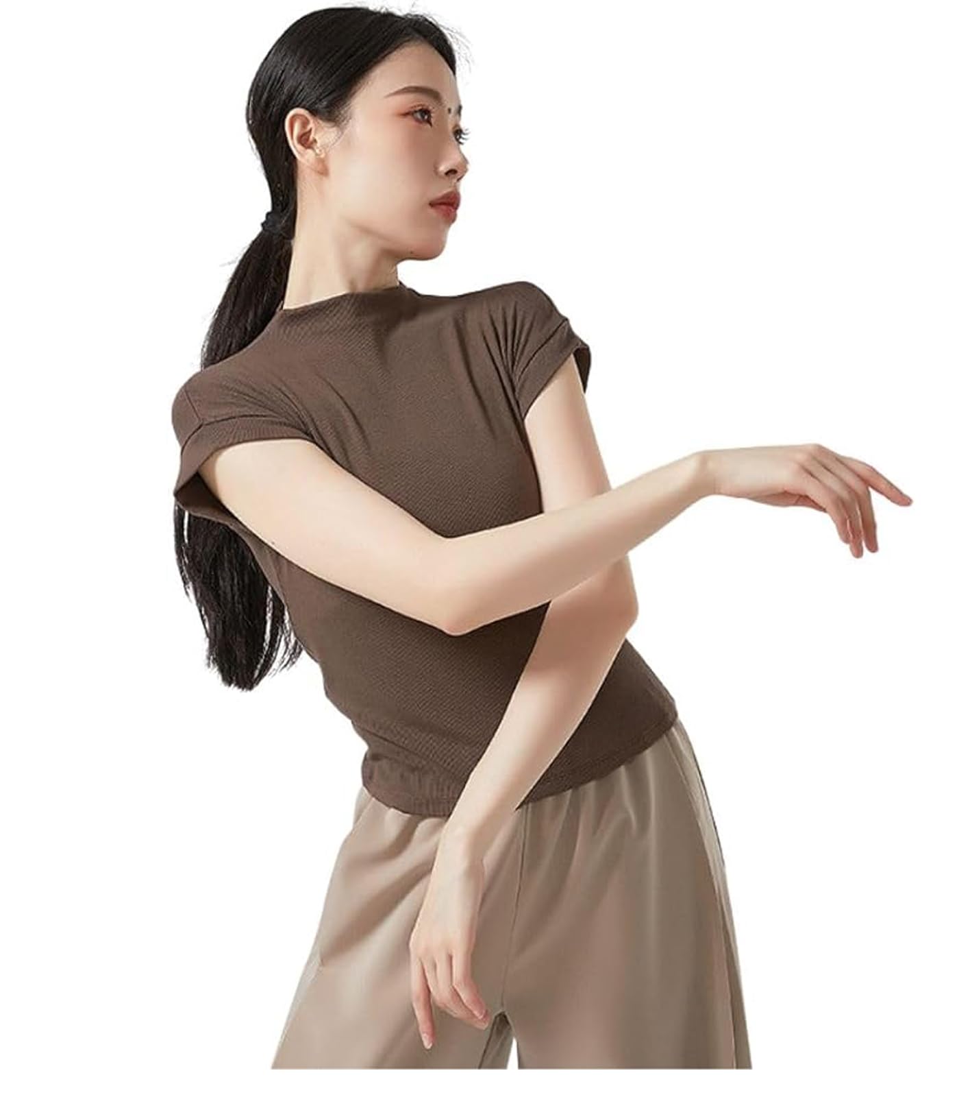 

Yuoku Short Sleeve Ballet Blouse with High Stretch Top for Practice and Classical Ballroom Dance Costume High Women s Neck, Lessons, Dance, (Size L,