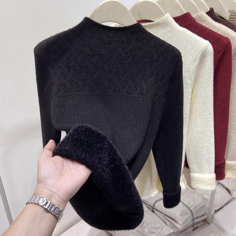 Dámský svetr s vysokým límcem Teplé sametové základní tričko Volný top Pletený svetr