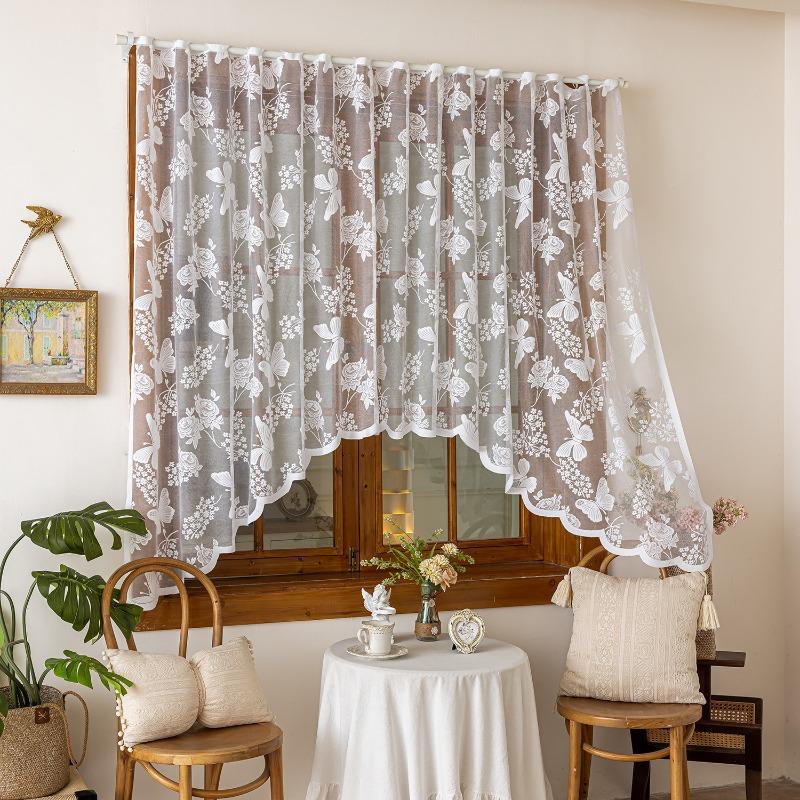 Countryside Style Sunflower Embroidery Half Curtain Kitchen and Bathroom Curtain Lace Decoration Window Sill Beautification Gauze Curtains Rodless
