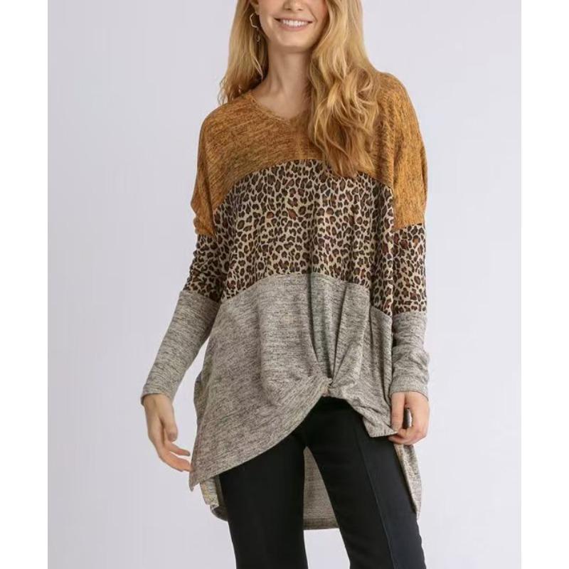 Women's V-neck Leopard Print Contrast Stitching Long-sleeved T-shirt Top
