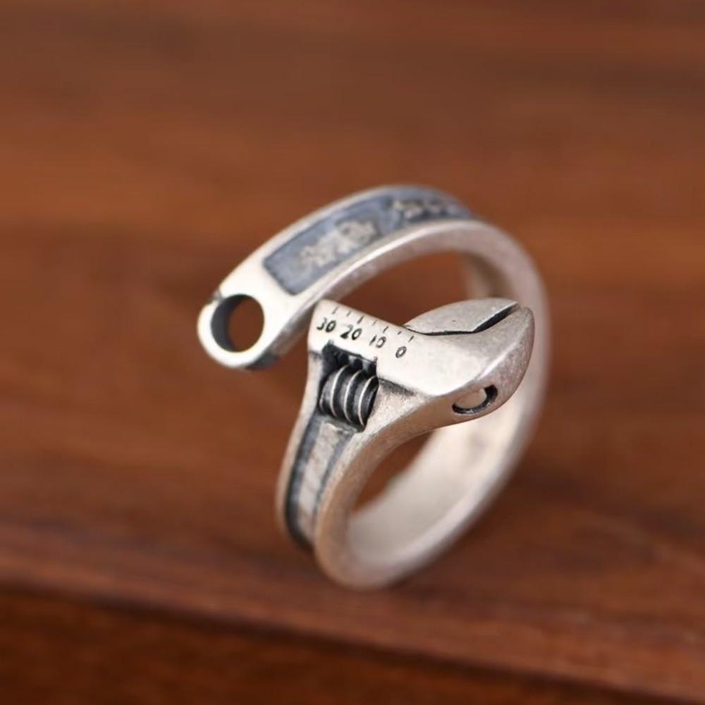 Heavy Duty Spanner Finger Ring Silver Plated Biker Jewelry Wrench-Shaped Open Ring Boys Girls