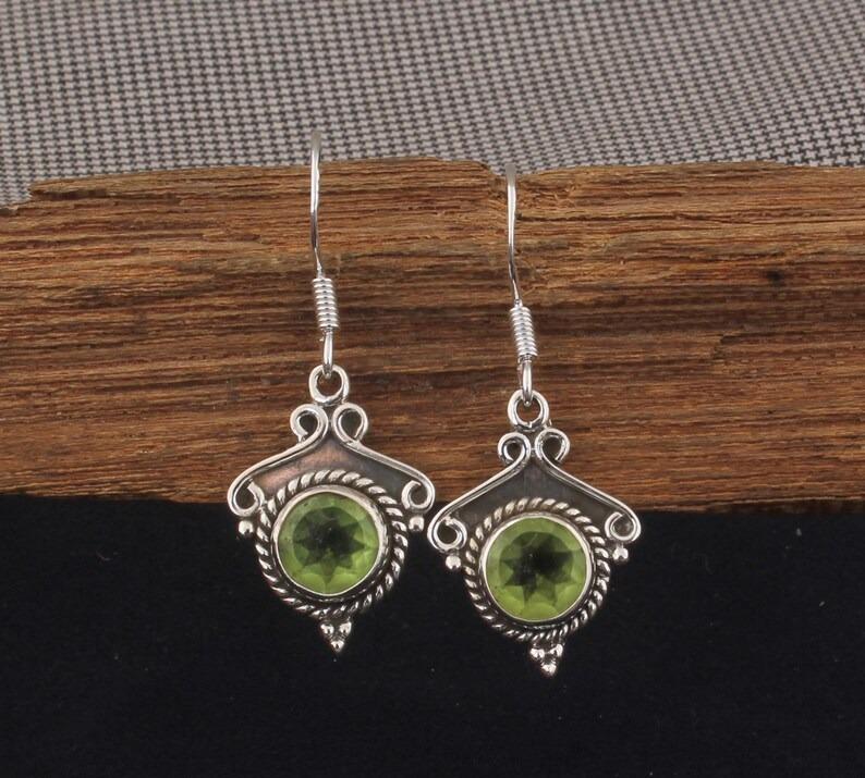 

Peridot Round Gemstone Handmade Designer Boho Dangle Earring, 925 Sterling Silver Earring Gift For mom