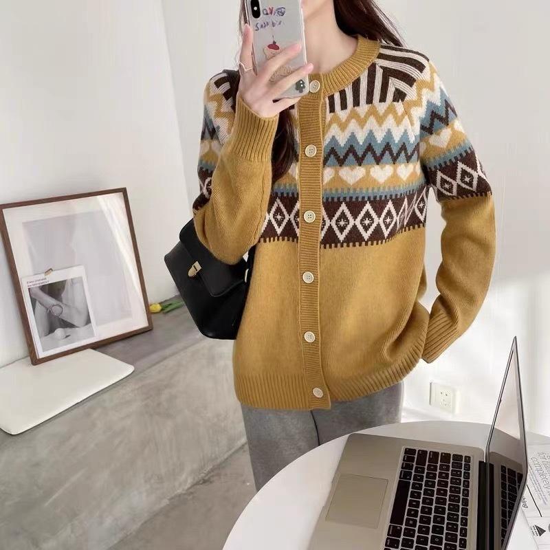 Dámský retro žakárový svetr s kulatým výstřihem, volný úpletový kardigan, jarní podzimní etnický styl, svetr kabát top