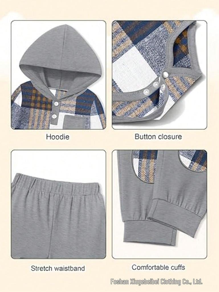 Plaid Hooded Romper & Long Pants Set for Newborns - Autumn/Winter