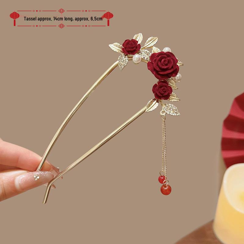 Elegant Red Rose Tassel Hairpin - U-shaped Hair Accessory for Women, Perfect for Updos and Traditional Attire.