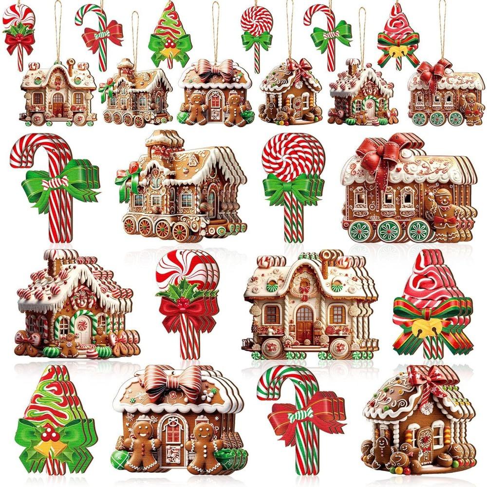 Christmas Gingerbread House Ornament Wooden Christmas Tree Hanging Ornaments Gingerbread House with Ribbons for Xmas Party Favor