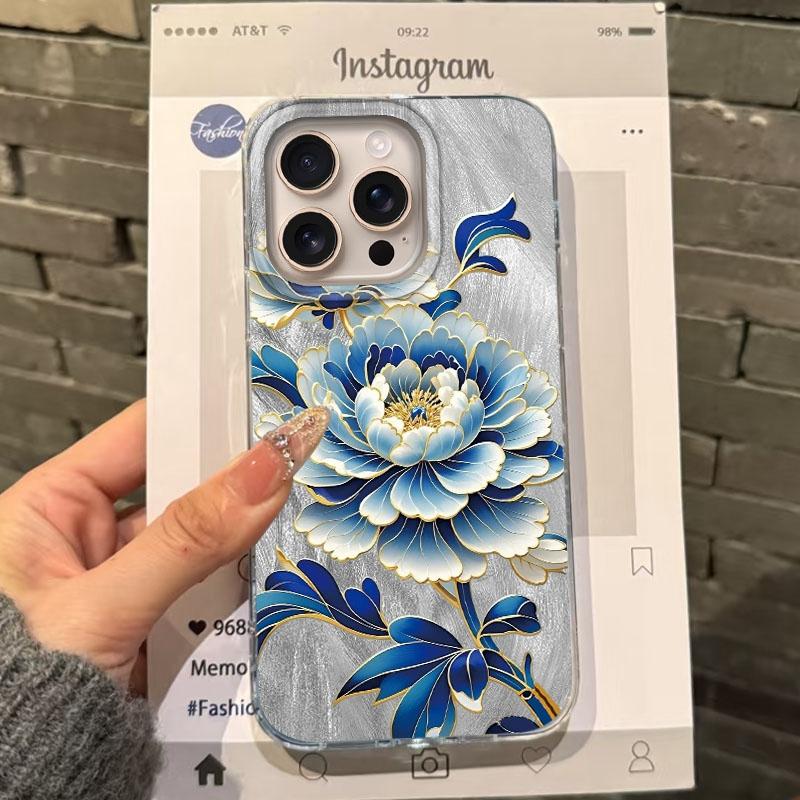 Luxury Blue Flower Girls Women Phone Case For Apple iphone 16pro 15 16 14 13 Pro Max 16e 12 11 7 8 Plus XR SE Bumper Funda Cover