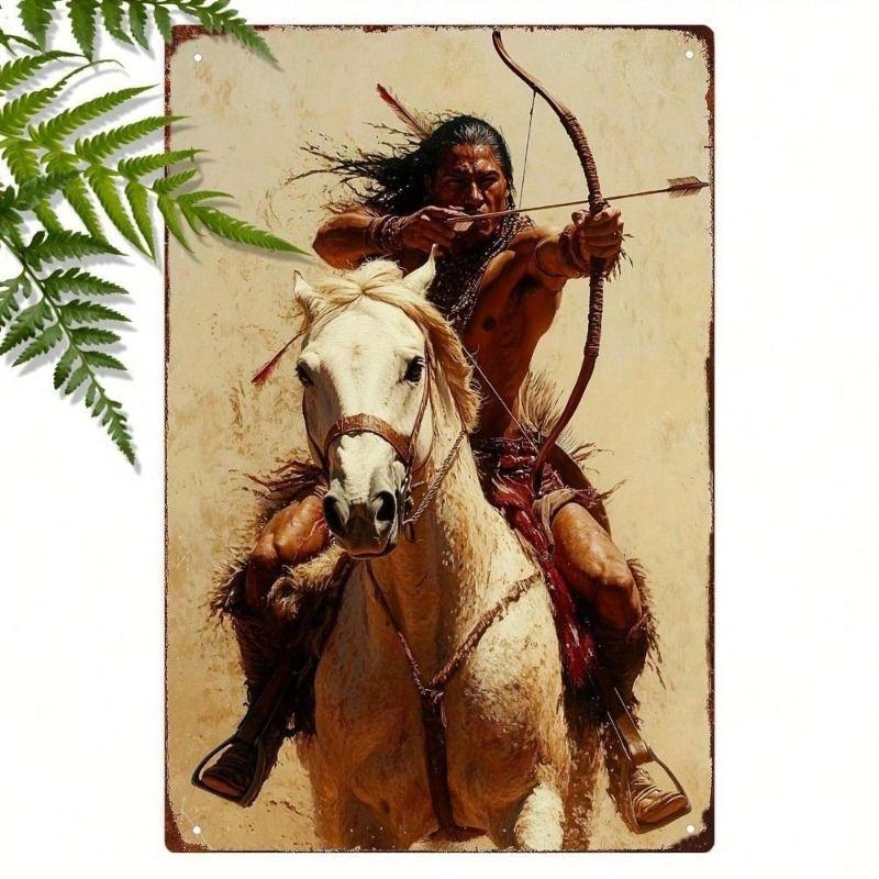 

Metal Indian Rider Horse Wall Art Vintage 2D Design 12x8 Inch Outdoor Decor