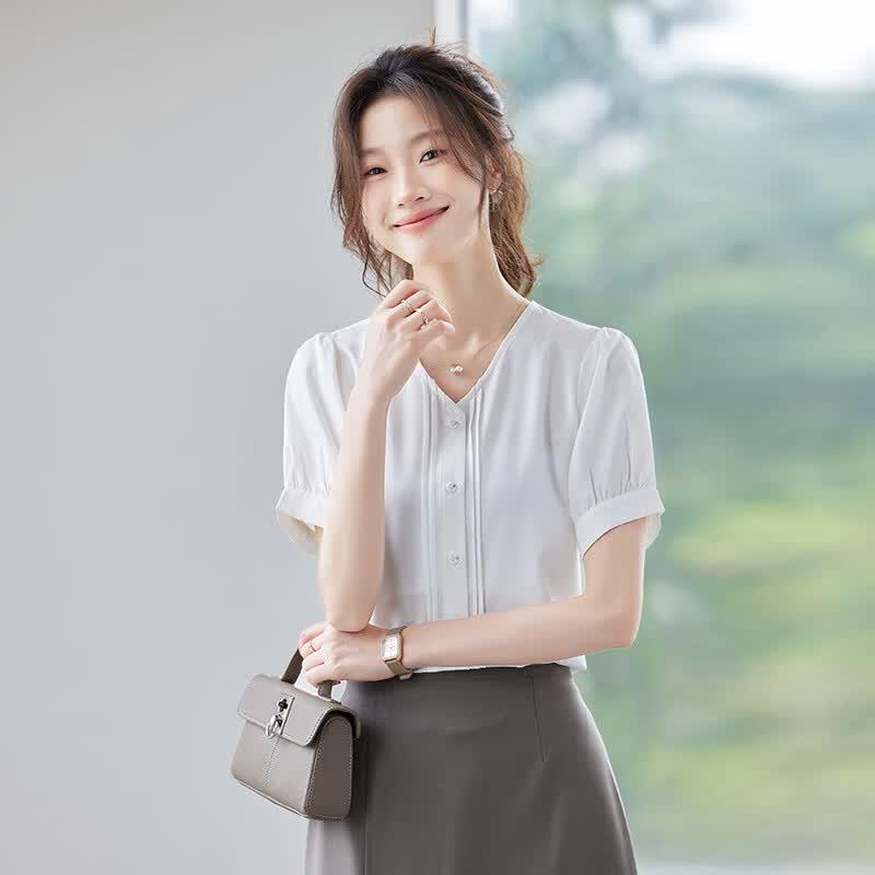 Tluoman Elegant V-Neck Chiffon Short Sleeve Blouse