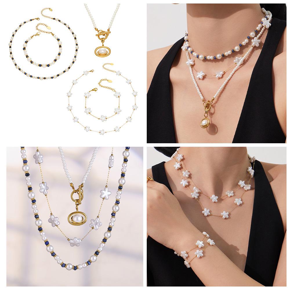 Elegant 18k Gold-Plated Stainless Steel Necklace with Imitation Pearl Beads and OT Clasp