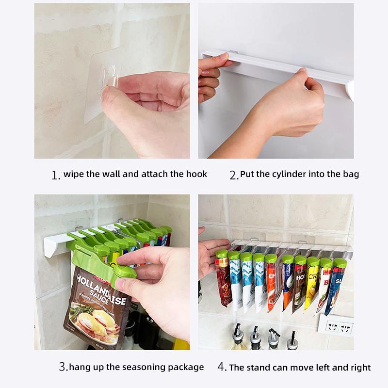 Wall-Mounted Spice Bag Storage Rack Punch-Free Seasoning Bag Organizer Holder Shelf Spice Sealing Clips Stand
