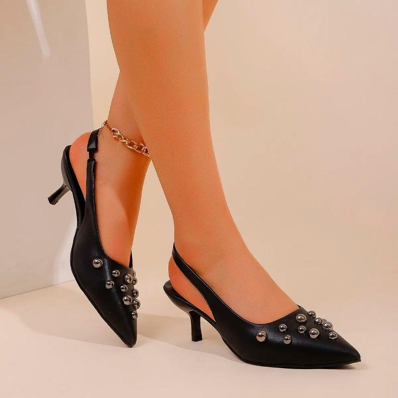 Fashion 2025Women's Mesh Floral Embroidered Slingback   Open Heel Pearl Studded Pointed Toe Sandals Sexy Stiletto  Mules
