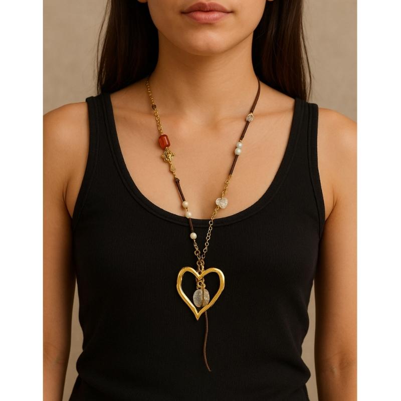 Artistic Gold Tone Heart Ethnic Necklace Long Layering Chain Winter Accessory For Sweaters And Coats Alloy Jewelry