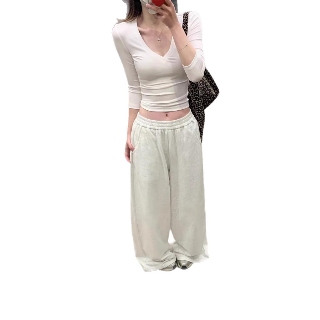 American Street White Short Sleeve T-Shirt Women's Summer Design Slim Bottom Shirt V-Neck Long Sleeve Spring Spice Girl Top