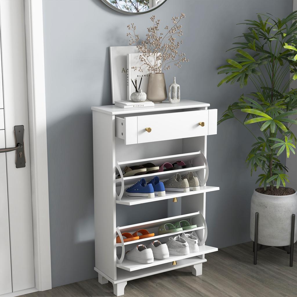 Slim Space-Saving Shoe Rack, 2 Flap Doors, Adjustable Shelves, Drawer, Raised Base, White