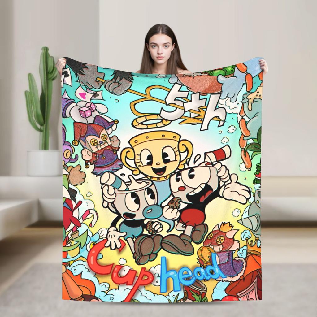 Cuphead cartoon Flannel Blankets Super Warm Throw Blanket for Couch Chair Camping Fashion Bedspread Sofa Bed Cover