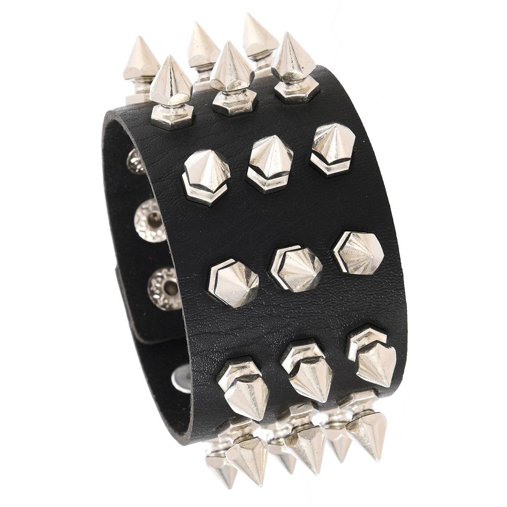 Punk Bracelet for Men Women Goth Black Leather Wristband with Metal Spike Studded Spike Rivets Cuff Bangle Adjustable