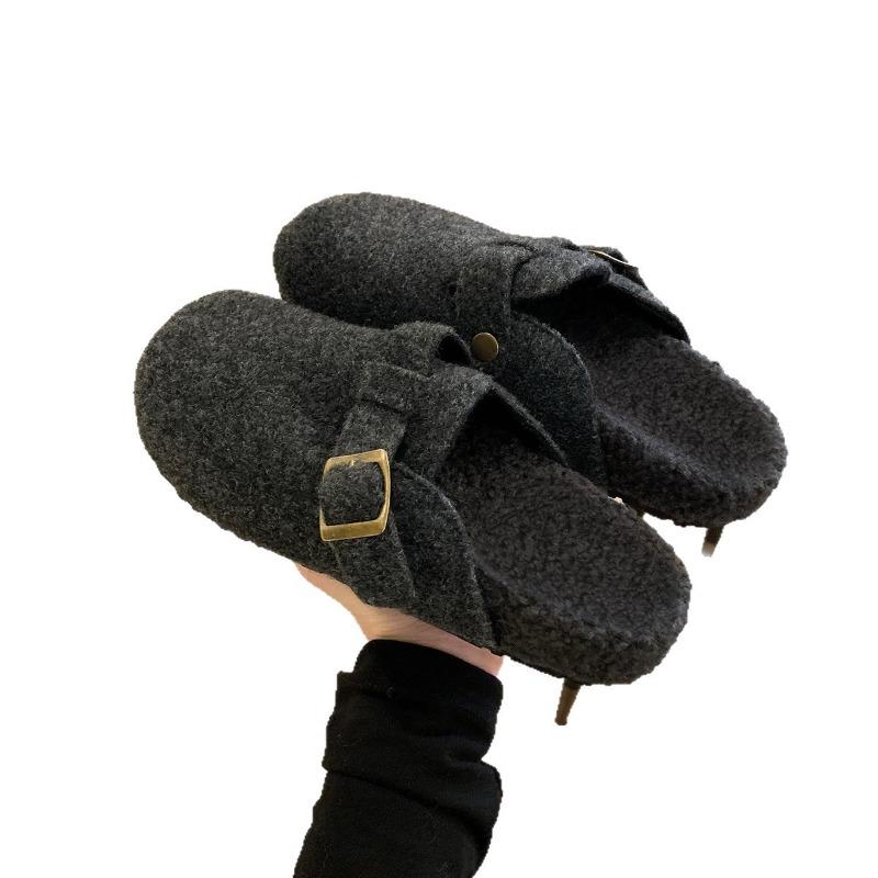 Fleece Insole Height-increasing Shoes for Women, Thick-soled Shoes, Half Slippers, Single Shoes