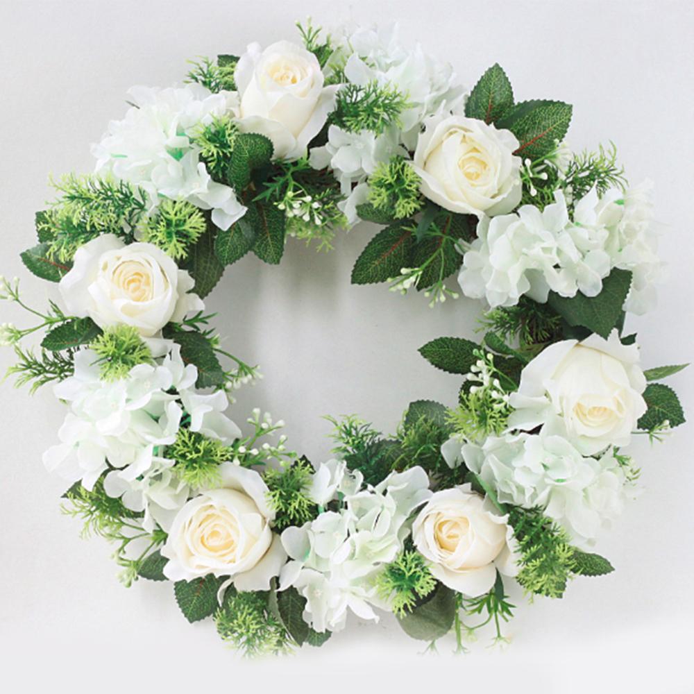 Artificial White Rose Wreath Faux Flower Wreath for Outdoor Front Door Wedding Wall Window Decor