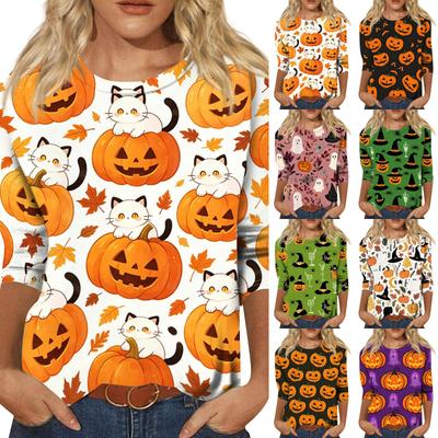 Women's Casual Halloween Print Top Three Quarter Sleeve Crew Neck Shirt Lightweight Comfortable Fit Seasonal Design