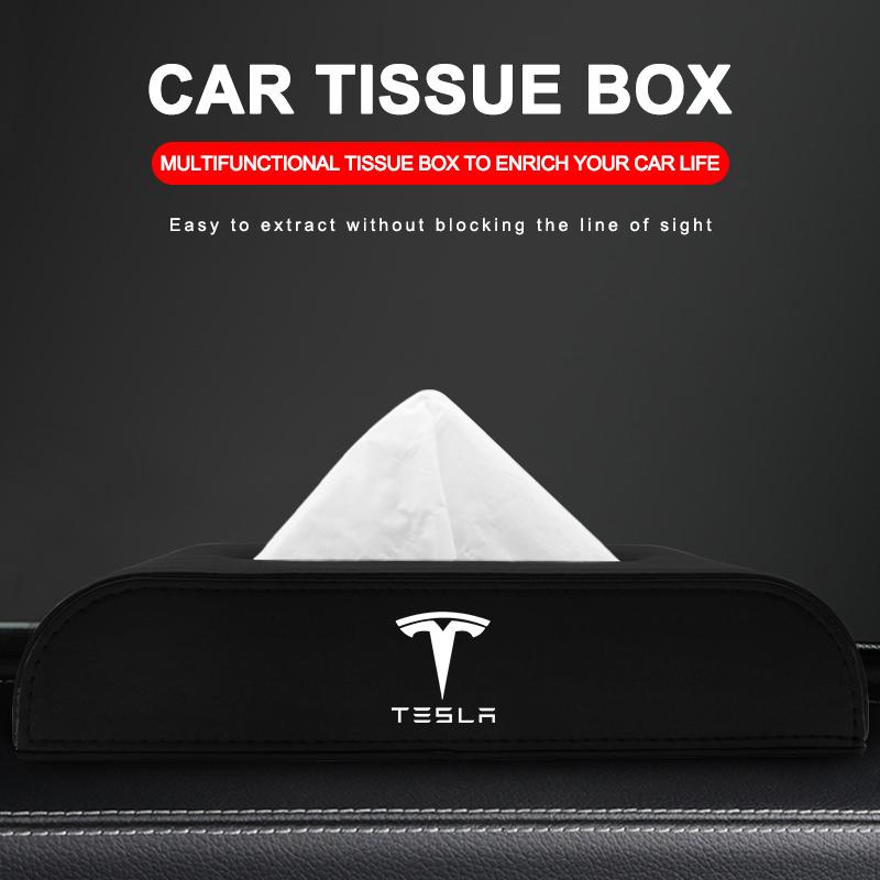 Leather Car Tissue Box Hanging Badge Paper Towel Bag Storage Auto Accessories For Tesla Model S Model X Model Y Model 3 Roadster SpaceX