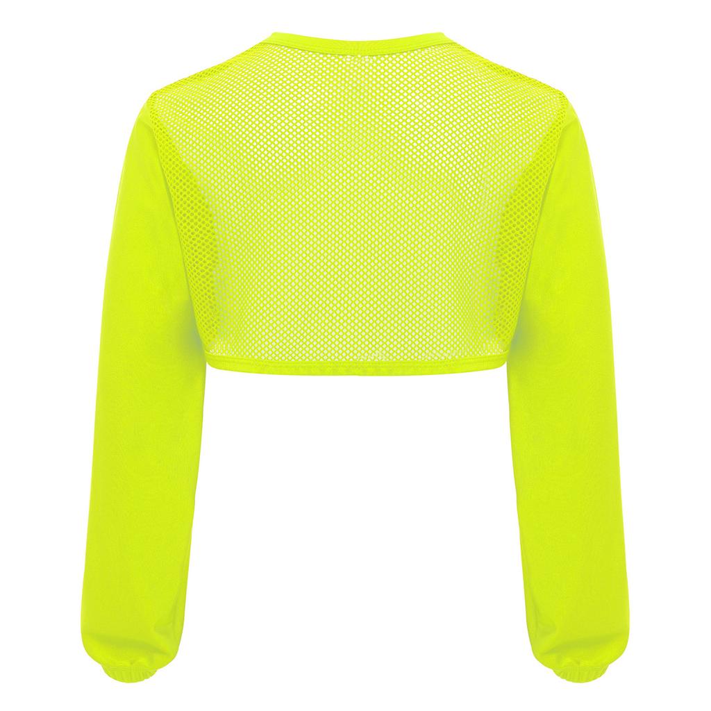 Girls Hip Hop Mesh Crop Top Long Sleeve Hollow Out Patchwork Asymmetrical Hem Dance Streetwear Top