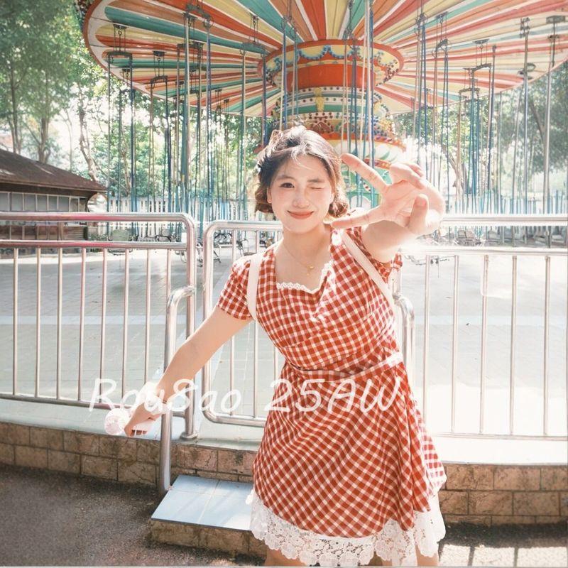 

Rou8Ao Plus-Size Women s French-Style Square-Neck Plaid Dress, Summer 2026, Waist-Cinching, Slimming A-Line Dress Short Dress L