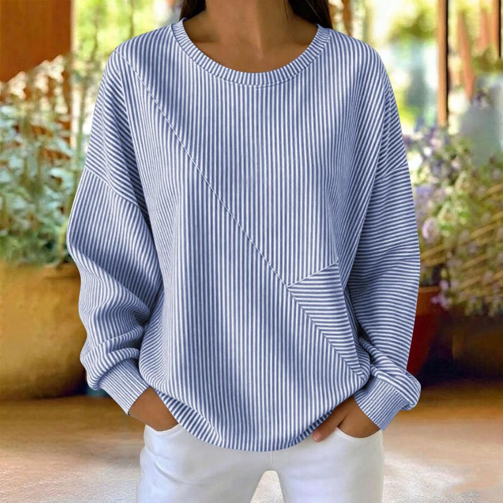 Sweatshirt à rayures pour femme, col rond, manches longues, haut pull décontracté