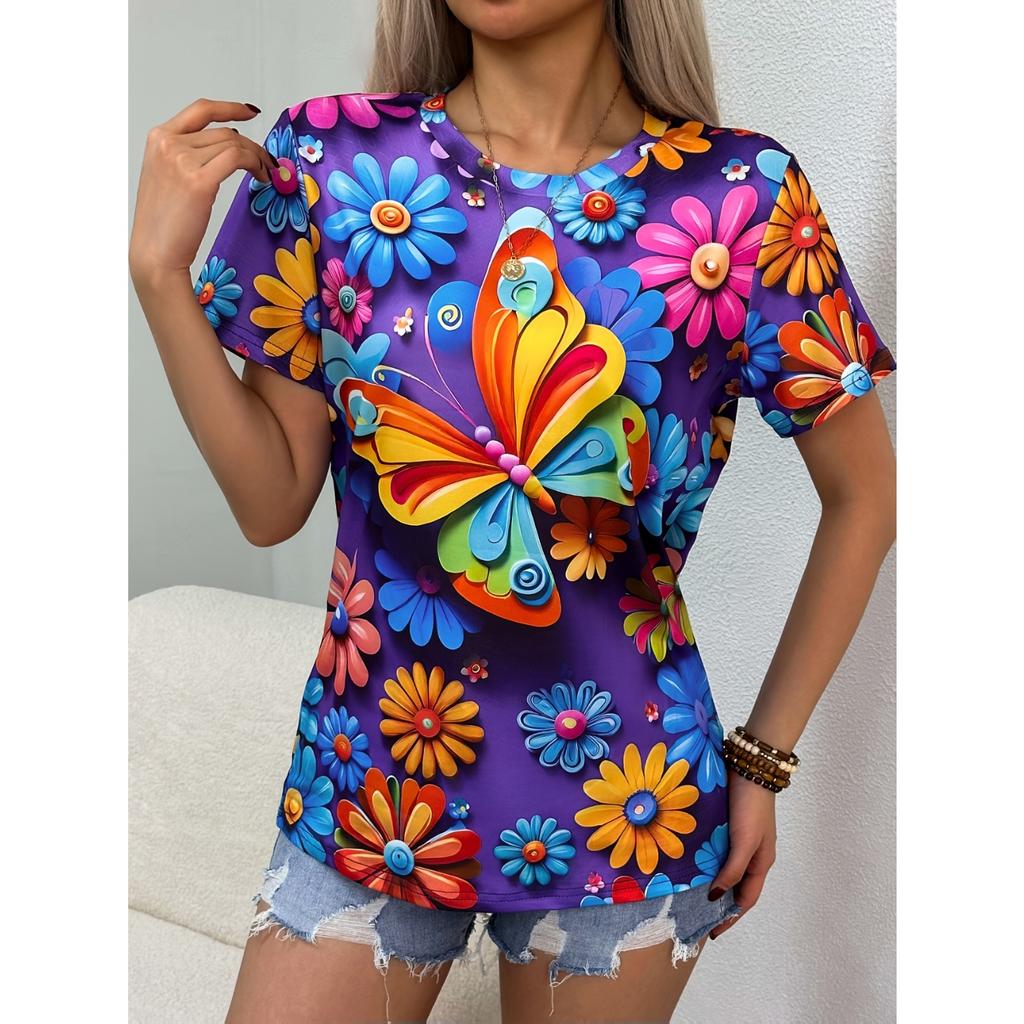 Women's T-shirt with butterfly print, casual crew neck, street style top, comfortable and breathable