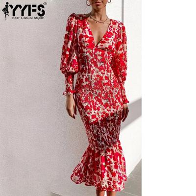 Abiti casual a vita alta con scollo a V a maniche lunghe con stampa motivo floreale primavera autunno moda donna