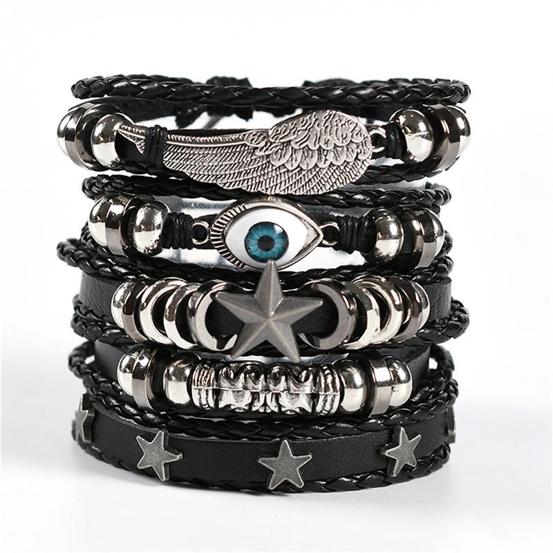 Flerskiktat Läderarmbandsset för Män Flätat Manschettarmband med Kedja & Dödskalleberlock, Lager-på-Lager Boho Armband