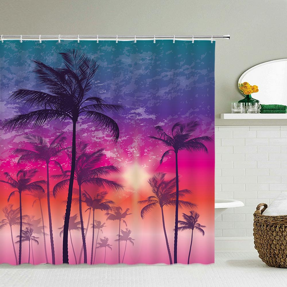 Beach Sea Palm Trees Shower Curtains Scenery Waterproof 3d Bathroom Curtains With Hooks Home Decoration Washable Bath Screen