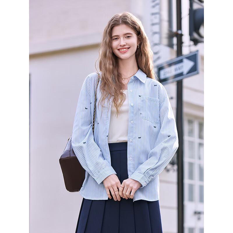 Betu Women's Striped Bow-Knot Print Lapel Shirt Jacket