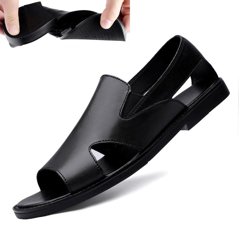Men's Breathable Leather Sandals: Summer Hollow Casual, Soft Sole, Non-Slip, Outdoor Flip-Flops.