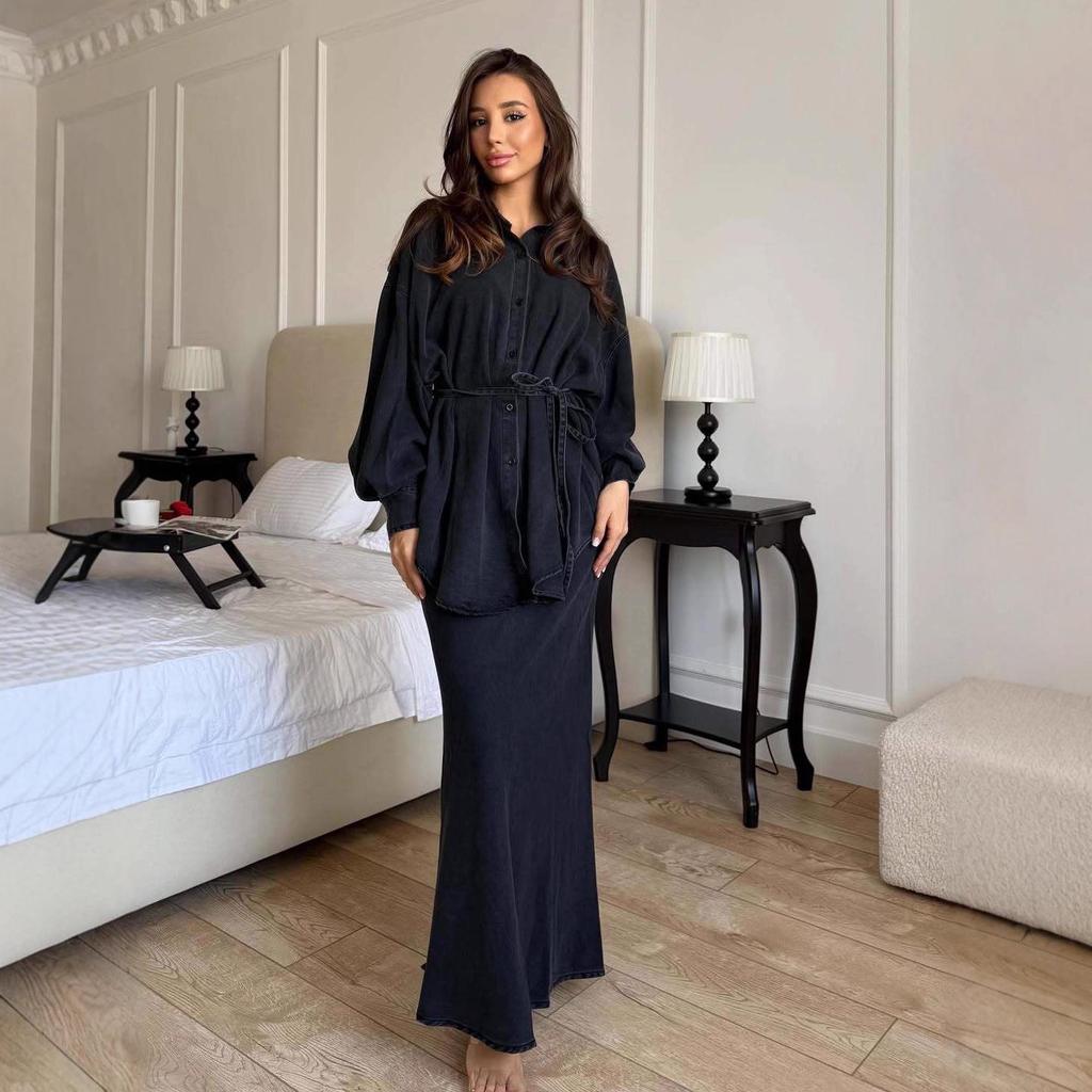 2025 Herbst Strickkleid mit Bindegürtel und elegantem Rock