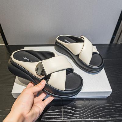 Thick Soled Slippers for Women 2026 Summer New Cross Strap Fashion Women's Bread Sandals One-piece Slippers Womens Shoes Slipper