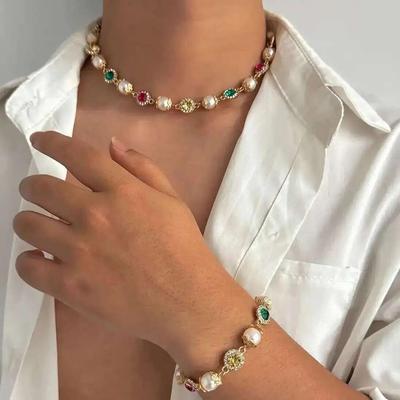 Salircon Exquisite Luxury Imitation Pearl Choker Necklace Bracelet Women Hip Hop Colorful Rhinestone Clavicle Chain Jewelry Gift