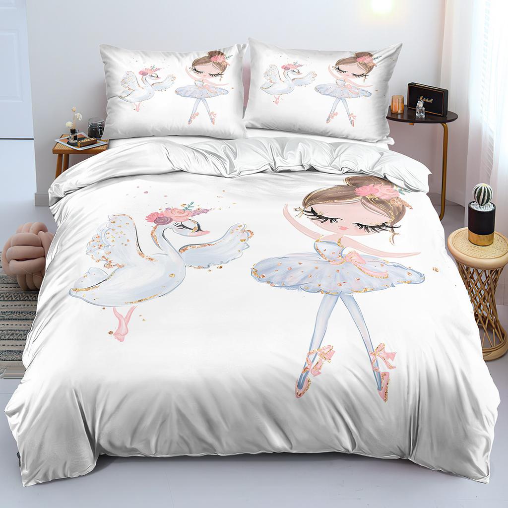 3D Printed Beautiful Swan and Ballet Girls Duvet Cover Set with Pillow Case, Cartoon Comforter Covers for Boys Girls and Zipper