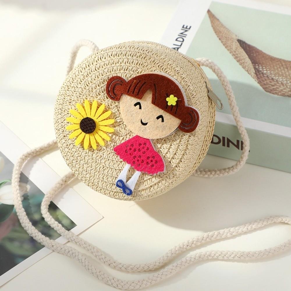 Creative Handmade Woven Straw Shoulder Bags Cute Lightweight Crossbody Bag Flower Beach Bag for Children