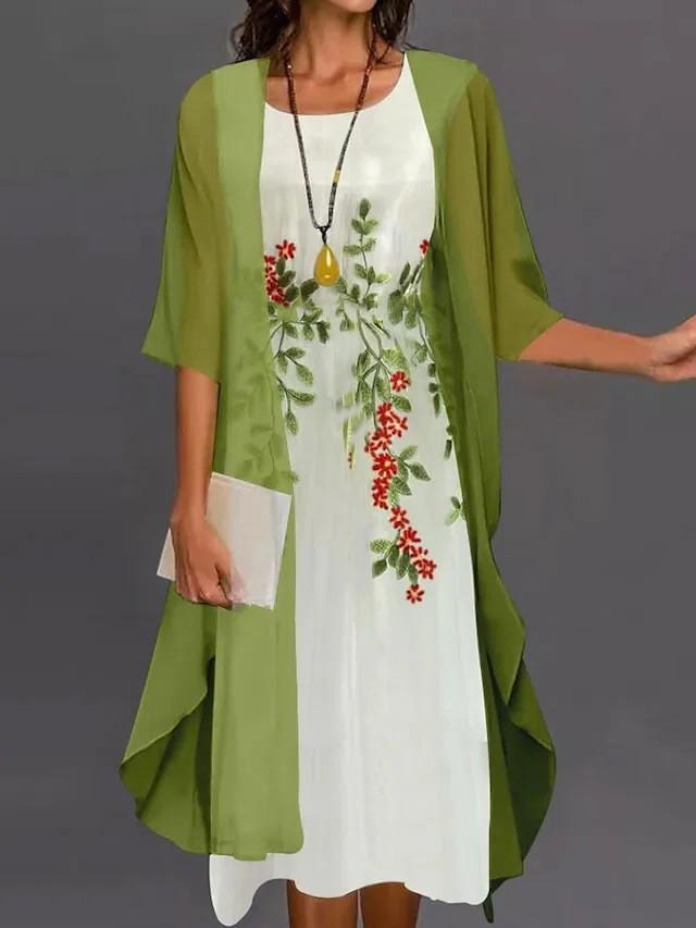 Women's Casual Floral Print Round Neck Slim Pocket Dress Long Skirt