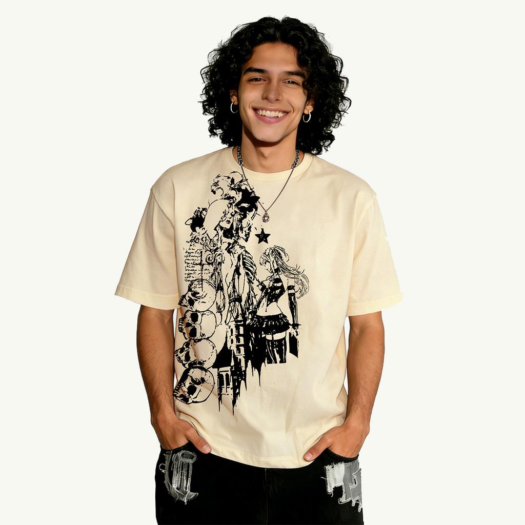Dark-themed Skeleton Anime Print T-Shirt for Men | American High-Street StyleLoose-Fit Short-Sleeve Trendy Post-Apocalyptic Style Short-Sleeve T-Shirt