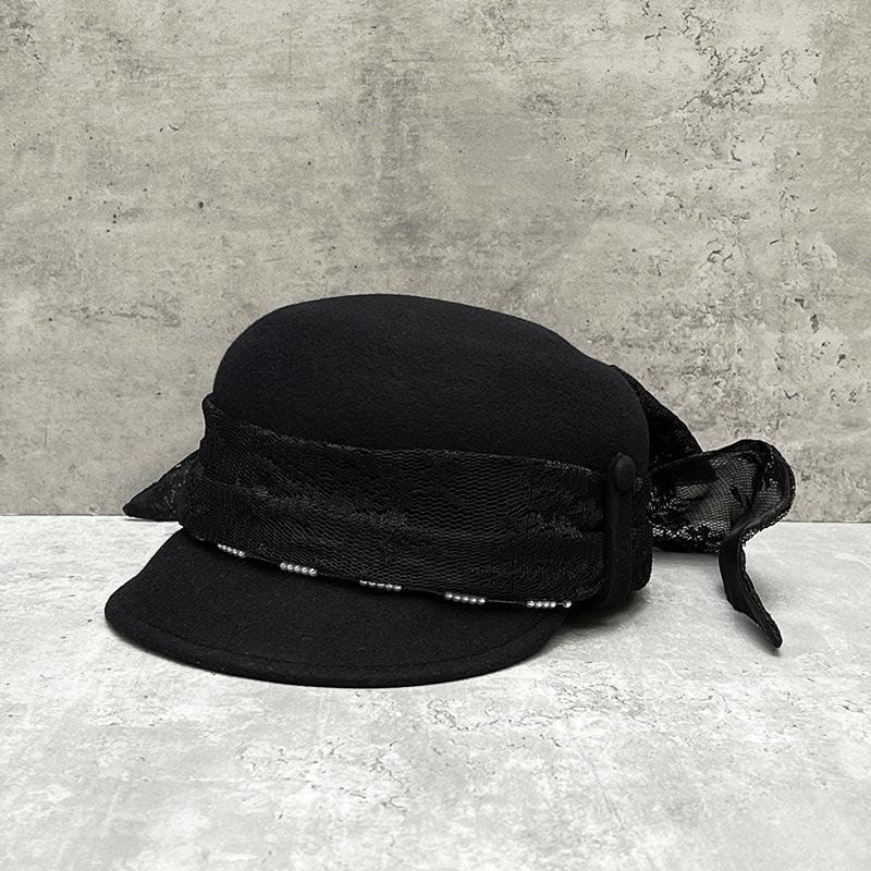 

French Retro Hepburn Style White Top Hat Ladies Temperament Socialite Lace Bow Woolen Equestrian Hat M（56-58cm） чорний