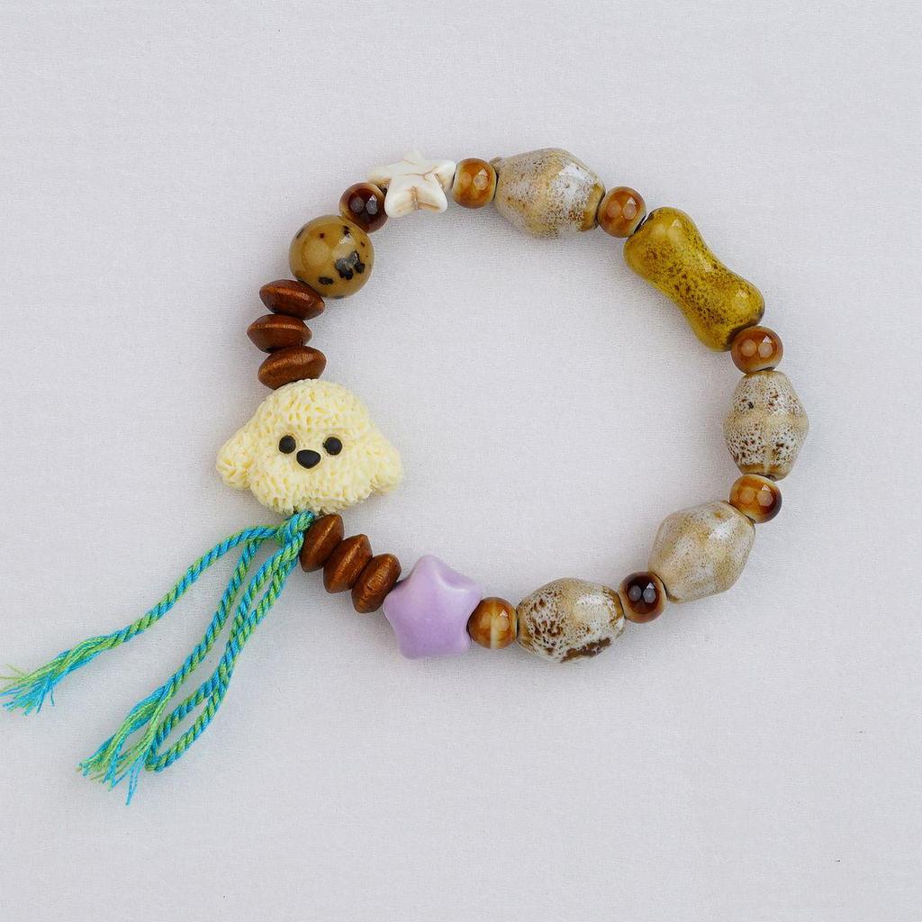 Retro Chinese Ceramic Puppy Beaded Bracelet for Women - Colorful, Versatile, Niche Design Jewelry.